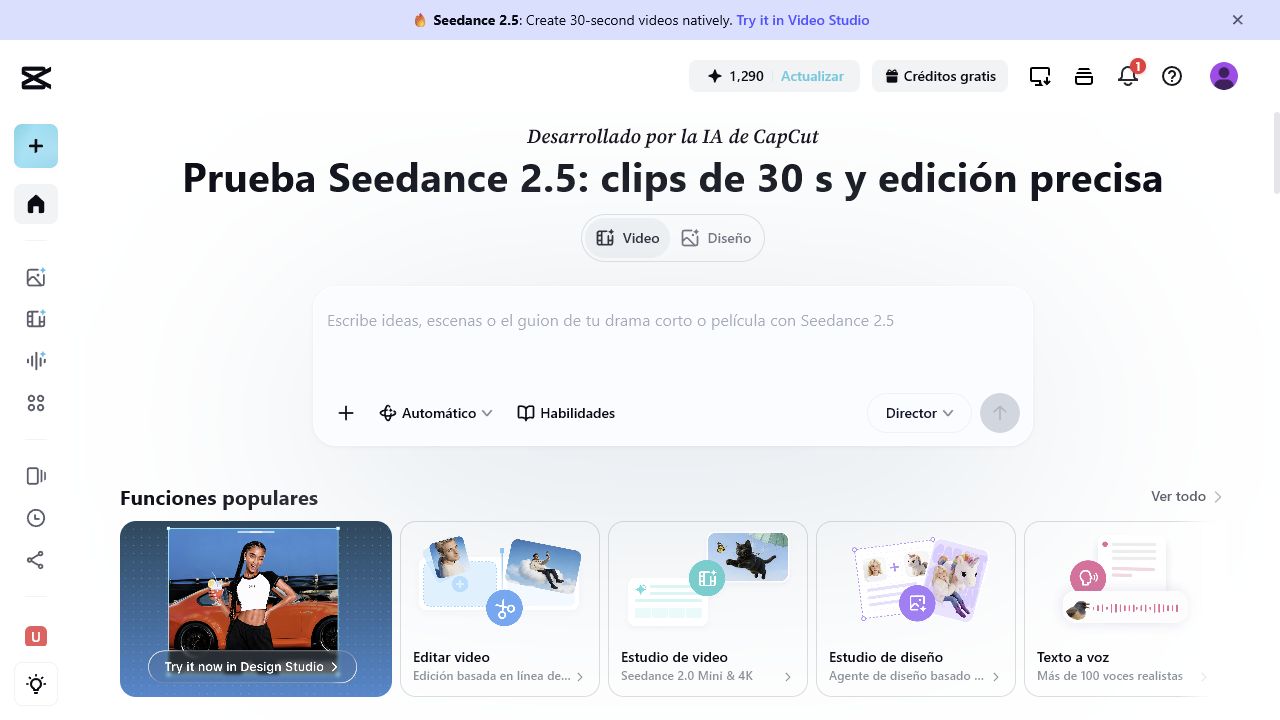 Interfaz del generador de videos con IA de CapCut Seedance 2.5