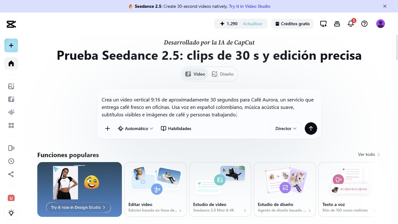 Prompt de Café Aurora escrito en el generador de videos con IA de CapCut