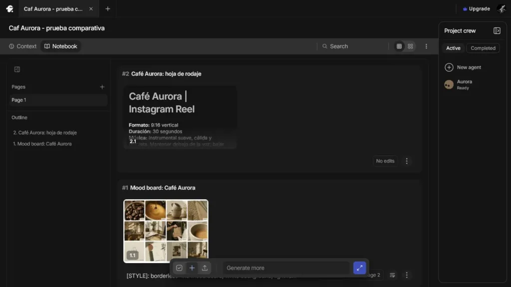 Storyboard y moodboard para Café Aurora creados con InVideo